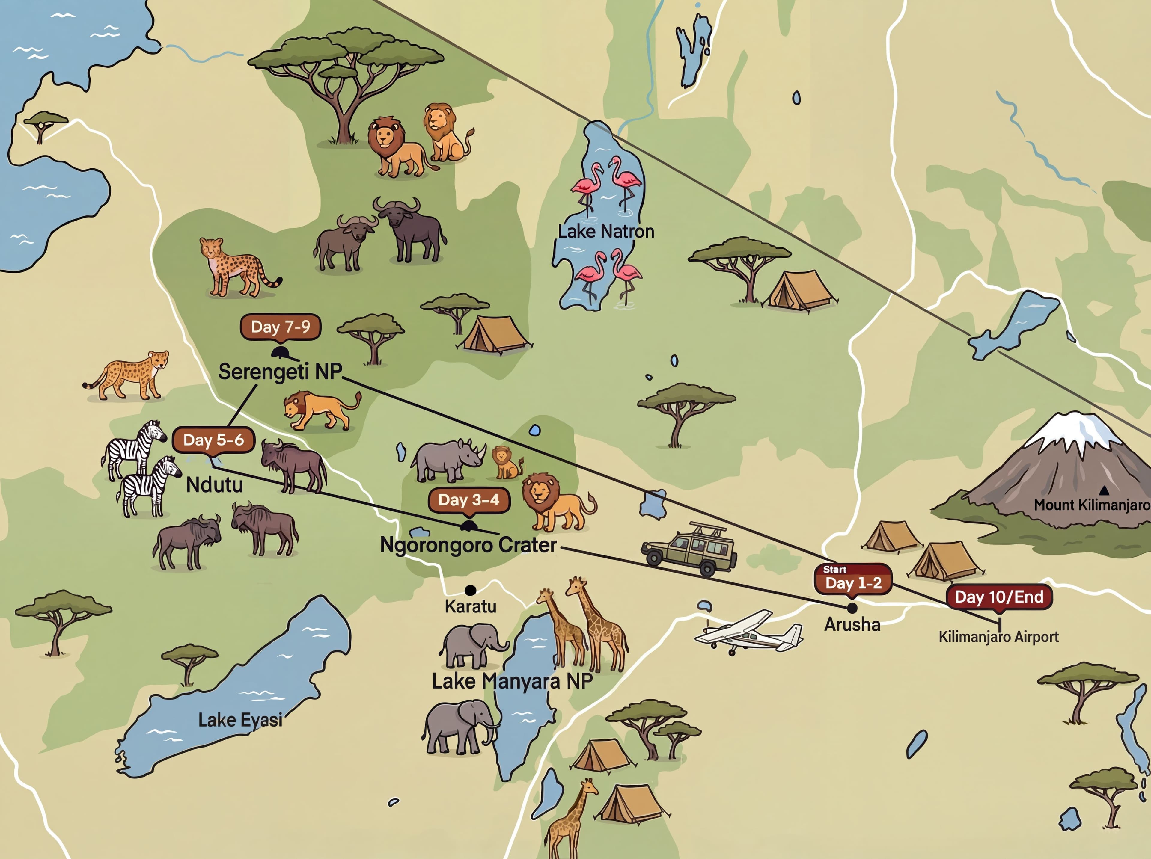 Map of Tanzania – journey through Arusha, Ngorongoro, Ndutu and Central Serengeti